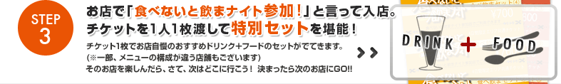 Step3.お店で「食べないと飲まナイト参加！」と言って入店。チケットを1人1枚渡して特別セットを堪能！